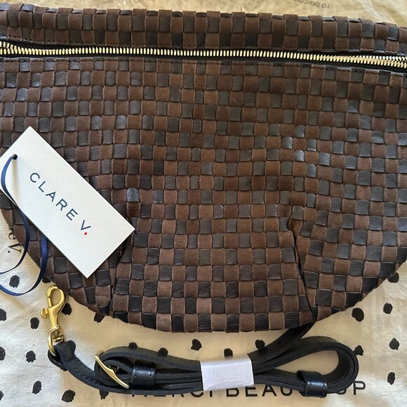Clare V Grand Fanny Leather & Suede Woven Checker in Black/Chocolate NWT - Picture 4 of 12